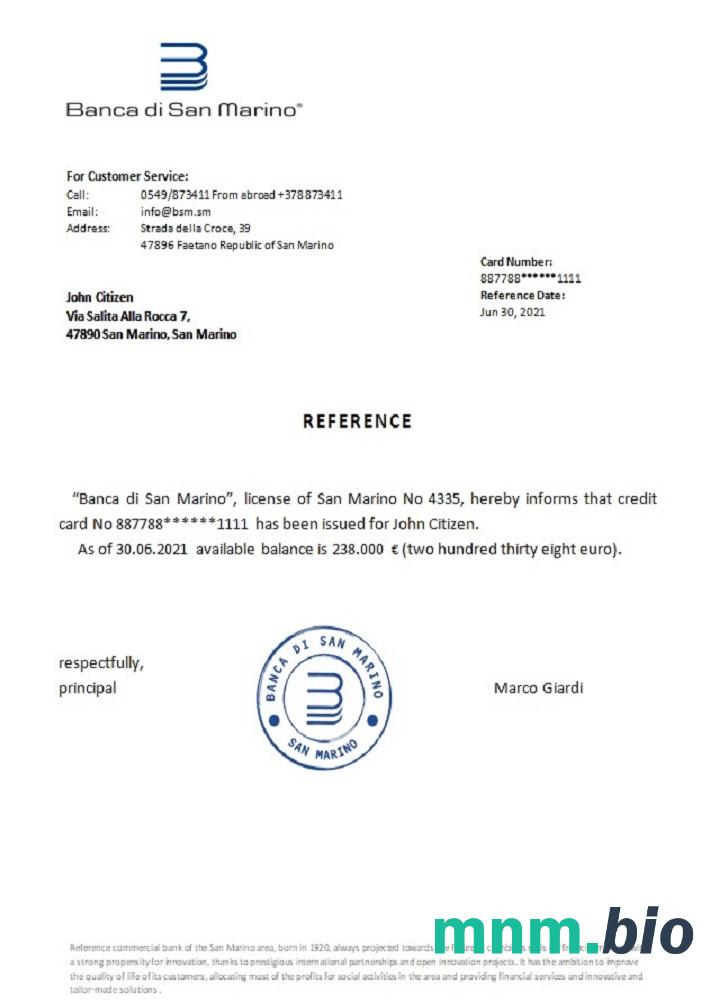 San Marino Banca di San Marino przykład odniesienia w formatach Word i PDF